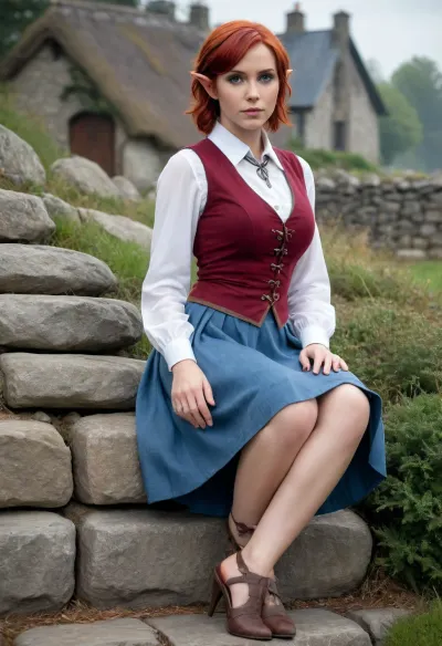 Elf woman, pointed elf ears, deep red hair in a bob cut, fair complexion, brown vest over a white long-sleeve shirt, long blue ankle-length skirt with decorative gray flame-like patterns near the hem, sitting on a stone wall, gentle/confident expression, massive breasts, massive hips, cottage/farmhouse in the background, fantasy setting