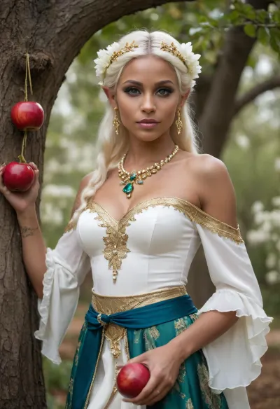 Elf woman, milf, long flowing platinum blonde hair, pointed elf ears, white flowers in her hair, gold headpiece on her forehead, dark skin, white tribal tattoos on her arms and shoulders, blue eyes, small nose, full lips, slightly open-mouthed expression, large pearl earrings, pearl necklace with gold accents, form-fitting elegant white off-shoulder dress with ornate gold and pearl embellishments and a red ruffled underskirt, dark green sash with gold patterns and hanging tassels tied around her waist, She is reaching up to pick a red apple from a tree, confident/serene demeanor, outdoors, fantasy setting