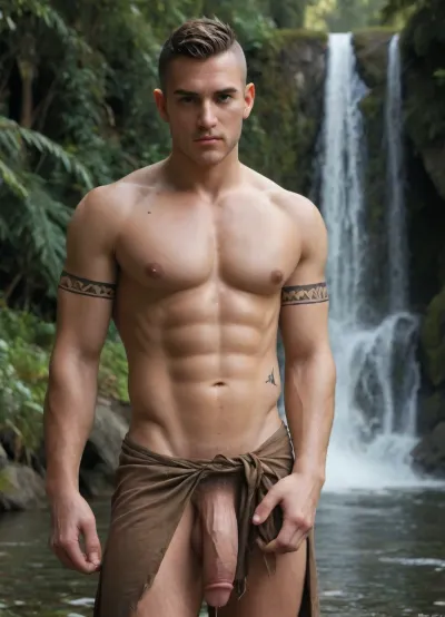 total view, A gay man 45, stocky muscular fury, medium dark skin, cropped shaved head, handsome, light green eyes, Chiselled jawline, huge hairy chest, big defined hard nipples, slim waist wide hips muscular, penis very thick wide, (11 inch long flaccid curved cock, body covered in Tribal Tattoos:1.2), he is only wearing a brown cloth wrap sarong, long flaccid curved Penis pushing against the inside of the fabric, Scene dark rainforest, clear opening, large waterfall into clear lake, He is standing by the lake, Hyperealistc Photographic, showing, his, face and cock, dripping precum, cum running down shaft, <lora:FaceAndCockV2:.7>