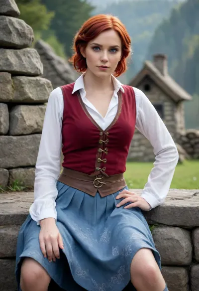 Elf woman, pointed elf ears, deep red hair in a bob cut, fair complexion, brown vest over a white long-sleeve shirt, long blue ankle-length skirt with decorative gray flame-like patterns near the hem, sitting on a stone wall, gentle/confident expression, massive breasts, massive hips, cottage/farmhouse in the background, fantasy setting