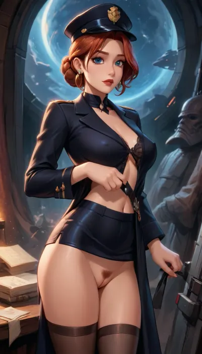 Reiq style, 45 years old milf lady, Very attractive, short slicked hairstyle, (black uniform imperial officer from star wars, with hat), hard nipples under uniform, short skirt, nude genitals, visible pussy with pubic hair, dark spaceship background, <lora:add-detail-xl:2>, <lora:princess_xl_v2:.8>, <lora:DetailedEyes_V3:2>, <lora:Animated_Concept:.9>