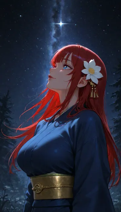 solo, (cold colors:1.8), night, japanese forest, (traditional modest dark-blue kimono:1.3), (kimono has white edges), (golden belt), (red band around belt), (white flower in hair), mature, (big tits:.8), red hair, long hair, (sparkling eyes:1.3), (glowing eyes:1.1), slim body, small areolas, tall, straight hair, dark-blue eyes, gentle eyes, (red lipstick:1.1), (close-up:.7), (long eyelashes:.8), straight bangs, beautiful night sky, countless bright stars, milky way, smile, looking up, field of white flowers, side view