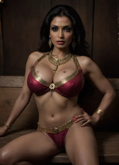 (flora saini:1.3), (horny busty Indian bride in traditional bridal saree and jewellery, 40 year old, cowgirl vaginal sex, lying back on bench, huge rounded boobs, glamorous, luxury, diva, topless:1.3), intricate colorful silk bridal nightgown robe, (sharp nose, cleft chin, busty lips, nipple clamps, chains, chain halter top, hazel eyes, huge rounded boobs, busty, topless, exposed:1.3), (plunging mangalsutra, bangles, bindi, sindoor, intricate hair, screaming and crying, view from below:1.3), wood cabin porch, night, 4k, ultra realistic, large, big, boobs, huge, tits, a, with, big breasts, in, Luxury, Bedroom, ral-chnz, ChainHalter, <lora:bombshell_v2:.4>, <lora:bboobs-000005:2>, <lora:dark:2>, <lora:ral-chnz-sdxl:2>, <lora:ChainHalterXL:2>