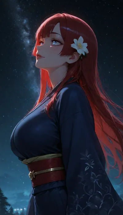 solo, (cold colors:1.8), night, japanese forest, (traditional modest dark-blue kimono:1.3), (kimono has white edges), (golden belt), (red band around belt), (white flower in hair), mature, (big tits:.9), red hair, long hair, (sparkling eyes:1.2), (glowing eyes), slim body, small areolas, tall, straight hair, dark-blue eyes, gentle eyes, (red lipstick:1.1), (close-up), (long eyelashes:.7), straight bangs, beautiful night sky, countless bright stars, milky way, smile, looking up, field of white flowers, side view