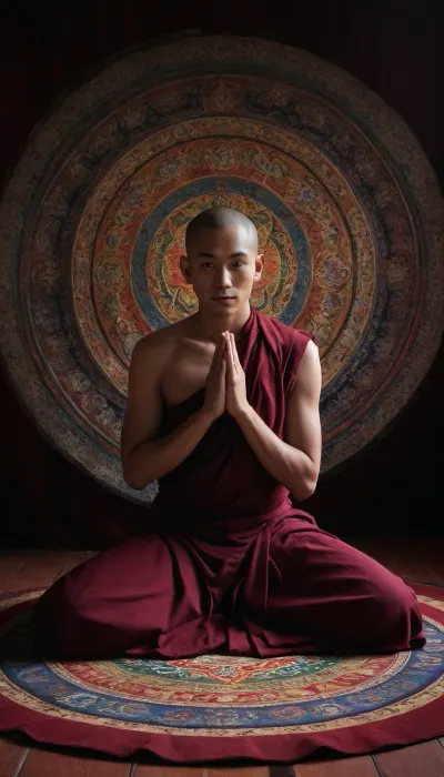 tibetan mandala, plenty of colours, monk kneeling, tibetan deity standing near it, hypnotic