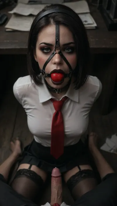 pov, (30 years old, green eyes, bob cut black hair, orgasm, pale skin, light skin, skin pores, tonic legs, muscle long legs), ((slut makeup, eyeliner, eyeshadow, dark glossy lipstick, blush)), ((red necktie)), ((black suit, white shirt, pleated skirt, lace blace thong)), ((stockings, garter, hairband)), (platform highels heels), ((slave collar)), ((face harness gagged mouth:1.5)), ((hands cuffed behind back)), ((office)), harnessgag, <lora:add-detail-xl:.8>, <lora:detailed_notrigger:.8>, <lora:dark:.6>, <lora:harnessgag_xl-000003:1.2>, braless, Wearing, clothes, that, make, sense, with, Braless>, <lora:bralessSDXL_v1_00022:.8>
