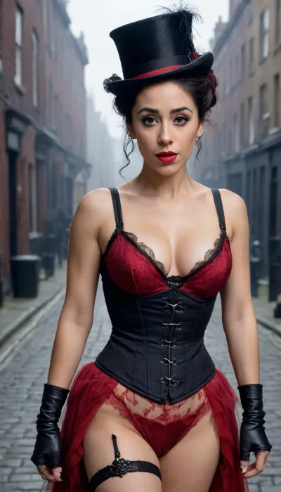 39 year old Oona Chaplin, freakles face and chest, English-Spanish Citizenship, her jet black hair in a ponytail, her jet black eyes brows, dark eyeliner, bright red lipstick, 34C chest, muscular body, six pack, hairy cameltoe pussy, with a Lady's Victorian Top Hat with vail behind it, wearing Steampunk Victorian costume, Victorian Corset under her breasts, the dress opened at the front showing her triangle bushy pubic haired cameltoe pussy, standing on the abandoned fog filled Jack The Ripper streets of Victorian London.