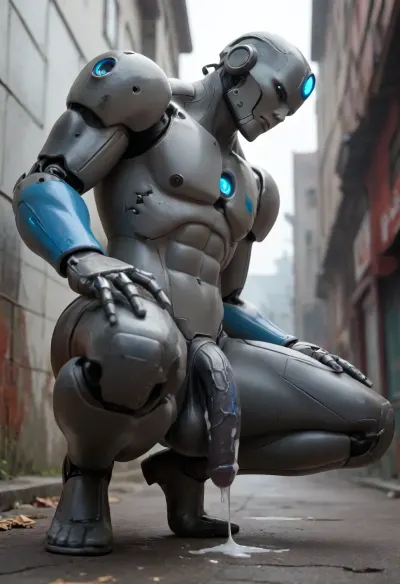 a male robot, robot, not human, dark plastic skin, with a big dark penis, curved down, flaccid, dripping blue luminous cum, squatting, legs wide open, side view, seen from below, full body image. robot is huge, imposing, strong, industrial strength, 10feet tall.