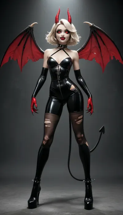 Full body, female cartoon character design, hazbin hotel style, helluva boss artstyle, extremely curvaceous, hourglass figure, exposed cleavage, tight revealing clothing, vivienne medrano character design, 1920s-1930s fleischer studios rubber hose, modern adult animation, extremely expressive cartoon proportions, huge shiny eyes with detailed irises and long eyelashes, tiny sharp-toothed mouth, exaggerated sharp facial features, demonic anthro features, horns, tails, wings, multiple eyes, sharp claws, jagged teeth, seductive, grotesque, bright neon color palette, vivid red-pink-purple-black dominant tones, high contrast shading with bold black outlines, detailed gothic-baroque-kitsch demonic fashion, ripped stockings, spiked chokers, asymmetrical designs, exaggerated curves and muscular limbs, playful yet menacing expression, detailed background elements like chains, pentagrams, cracked mirrors, vintage circus aesthetic, ((2D)), flat colors, flat shadow s, illustration, HazbinStyle, animation style, cartoon, character, old cartoon style, <lora:Hazbin_Style:.8>, <lora:outline_xl_kohaku_delta_spv5x:.5>