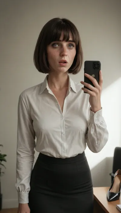 (masterpiece, ultra detailed, best quality, soft shadows, soft light, body view), (mature woman Anna 40 years old, (dark straight medium bob hair with bangs), (thin narrow triangular face, narrow long nose, feint small amount of freckles across nose, thin narrow lips, dark grey eyes, caucasian, no makeup), petite skinny body, (skinny:1.3), natural small flat sagging tits, no tattoos), look a viewer, shocked, (wearing white blouse, black skirt, black tights, heels), in office, on phone screen, (raising straight hand to block the viewer:1.3), (blocking the view:1.3)