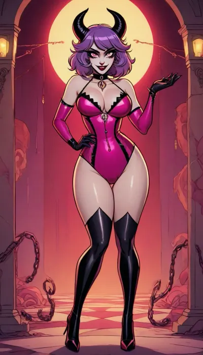 Full body, female cartoon character design, hazbin hotel style, helluva boss artstyle, extremely curvaceous, hourglass figure, exposed cleavage, tight revealing clothing, vivienne medrano character design, 1920s-1930s fleischer studios rubber hose, modern adult animation, extremely expressive cartoon proportions, huge shiny eyes with detailed irises and long eyelashes, tiny sharp-toothed mouth, exaggerated sharp facial features, demonic anthro features, horns, multiple eyes, sharp claws, jagged teeth, seductive, grotesque, bright neon color palette, vivid red-pink-purple-black dominant tones, high contrast shading with bold black outlines, detailed gothic-baroque-kitsch demonic fashion, ripped stockings, spiked chokers, asymmetrical designs, exaggerated curves and muscular limbs, playful yet menacing expression, detailed background elements like chains, pentagrams, cracked mirrors, vintage circus aesthetic, (((2D))), ((flat colors)), flat shadows, illustration, HazbinStyle, animation style, (((cartoon))), character, old cartoon style, ((thick outline)), ratatatat74, <lora:Hazbin_Style:1.2>, <lora:outline_xl_kohaku_delta_spv5x:.7>, <lora:ratatatat74-000050:.5>
