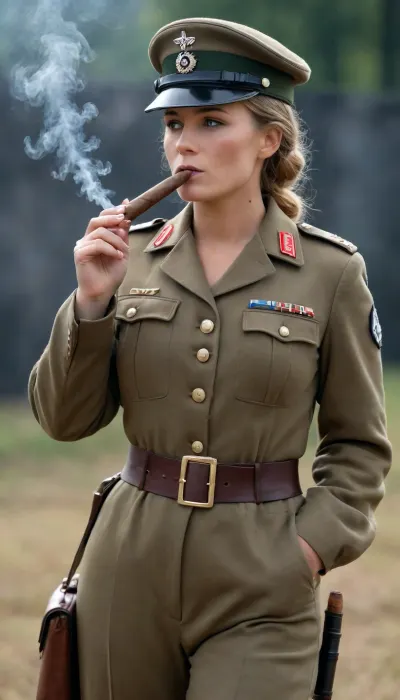 woman, A female German soldier smokes a cigar, full body view, tanlines, heavy fluffy unshaved pubic hair