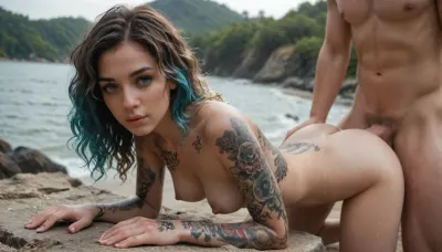 1woman1man, French, beautiful, petite body, ((((gradient hair)))), wet curly hair, cum, outdoors, doggy-style, blue eyes, (((tattoos))), full sleeve tattoos, ass, perfect eyes, big penis, ((medium breasts)), 8k, detailed, eyes, skin, photo-realistic, <lora:Super_Eye_Detailer_By_Stable_Yogi_SDPD0:1>
