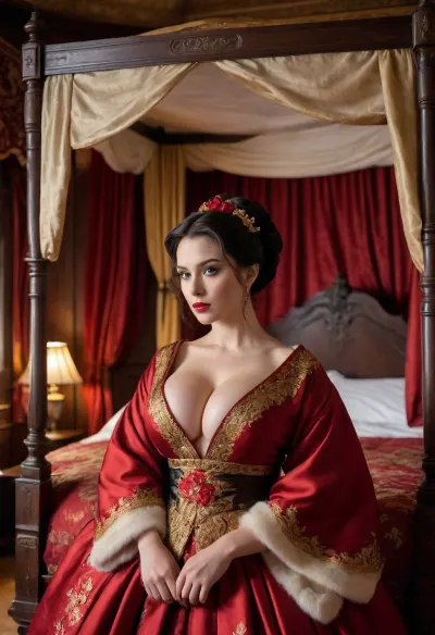 luxurious red silk bedsheets, dark gloomy haunted castle bedroom, nighttime, candlelit, (victorian era noblewoman in black silk kimono with red and gold floral embroidery, standing in front of bed), medieval era mansion bedroom, ((wooden canopy bed with red and golden accents bed curtains)), pitch black hair in a hair bun, arms crossed under breasts, many many pillows, embroidered ball gown, hourglass ballgown, wasp waist, white fur shawl, (Hyper breasts, top heavy, overflowing breasts, skin indentation), large, breasts, big, boobs, huge, tits, <lora:bombshell_v2:1.2>