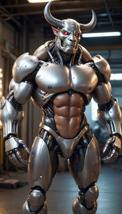 muscular male android, human skin on face, transparent robotic parts with glowing lights, mechanical body parts, guns in hand, fixed stare straight ahead, full body view. 1solo furry cyborgbull, solo, full body view, front view, full figured big anthro robot bull exposes its self, huge knotty cock, big ass, wide open asshole, hard erection, full exposed, hooves, horse phallus, horse penis, equine cock. Bovine android. Horns. Bulky. Oversized muscles. Body builder. Muscles. Cow colors. Flared cock. Bulky. Cow tail. Minotaur android. Cyborg Minotaur. Robot penis. Metal skin. Chrome plated. Exposed wires. Metal horns. Robot with a bull head. Mechanical body. Robot body