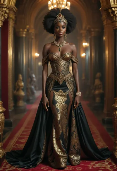 Create a highly detailed, realistic portrait of the Queen of Saba as she gracefully walks through her throne room. The Queen, (depicted as a Black African woman:1.5), exudes regal elegance and grandeur. She is adorned in an opulent dress, richly embellished with diamonds, rubies, and emeralds. Her attire should reflect immense wealth and royal status, with intricate gold detailing and luxurious fabrics. The diamonds should sparkle brilliantly against her dark skin, highlighting her regal presence. The scene should capture the elegance, wealth, and cultural richness of the royal court, focusing solely on the Queen’s majestic appearance and the splendor of her garments, breasts, massive, (maximum detail), (super realistic photo:1.4), <lora:MJ52:.6>, <lora:Super_Eye_Detailer_By_Stable_Yogi_SDPD0:.3>, <lora:BUT_SDXL_SHS:.3>, <lora:Sweaty_Realism_4-000006:.8>, <lora:Cloudy_Style:.8>