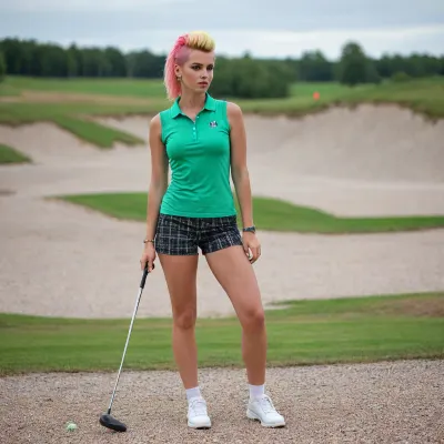 beautiful sexy slender woman, 30 year old, blonde, playing golf, in a gravel pit, colourful hair, no golf green, punk attitude, 80s punk clothing, <lora:80s_punk_clothing:.8>