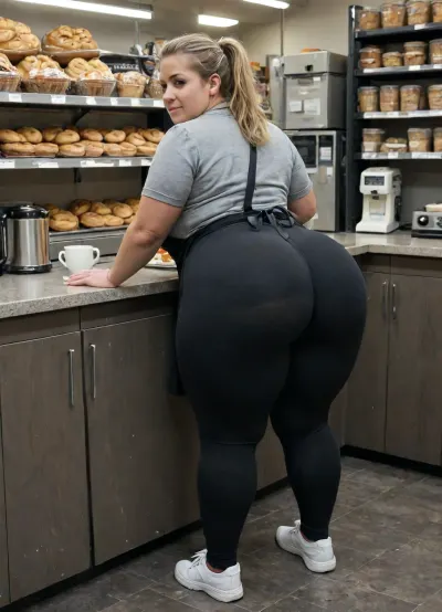 30 years old, (1 female), Bakery shop employee, german, ((tall, big hips, BBW figure, huge ass)), ((black transparent leggings)), sneakers, grey t-shirt, apron, blond ponytail, bent over, coffee machine, bakery shop, bright lit, crowded, ((view from behind))