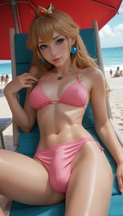 (masterpiece, best quality, highly detailed), high resolution, hires, score_9, score_8_up, score_7_up, score_6_up, ((futanari Princess Peach from Super Mario)), incase, style, ratatatat74, solo, close up futanari penis in tight pink bikini, cock bulge in bikini, (hourglass figure), pink bikini, tan skin, sweat, ((breasts)), eyes looking at viewer, smirk, laying on side, laying on beach chair, day, beach, <lora:ratatatat74-000050:1.3>, <lora:outline_xl_kohaku_delta_spv5x:.3>