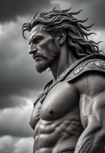 German Mythology Thundergod Donar, b/w, view from side