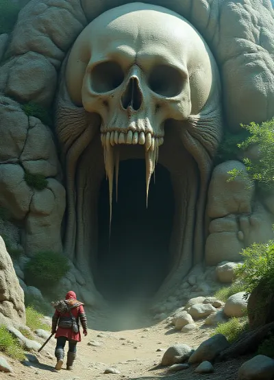 (Epic shot:1.2), of a lone warrior facing a colossal skull gate entrance carved into a mountain, ((skeletal details:1.3), dripping goo, weathered stone, ancient architecture, vines, roots, creepy, ominous), (fantasy art, dark fantasy:1.1), (highly detailed, intricate, gritty texture:1.2), volumetric lighting, dramatic shadows, muted dark colors, greens, browns, grays, desaturated, deep perspective, (digital painting, concept art by Frank Frazetta, Zdzisław Beksiński:1.3), grim, atmospheric, (masterpiece, best quality, ultra high resolution), sharp focus, professional artwork, award winning