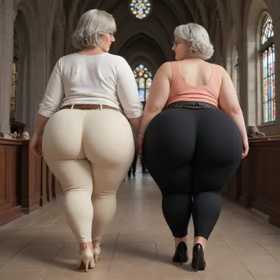 (3_elderly_females), german, (big hips, fat, BBW, huge ass, ultra fat ass, tall, long legs), ((tight pants)), blouse, glasses, belt, heels, walking, church, ((viewed from behind))