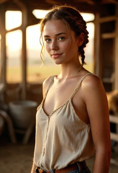 farmer, 27 years old, short braids, small conical tits, light smiling, she looks directly into the viewers eyes, seductive, fully clothed, farm, cowshed, full body view, front view, scene bathed in golden sunset light, auburn hair, light freckling visible, small unsupported breasts, (photorealistic, highly detailed, best quality), <lora:MJ52:.8>, clothes