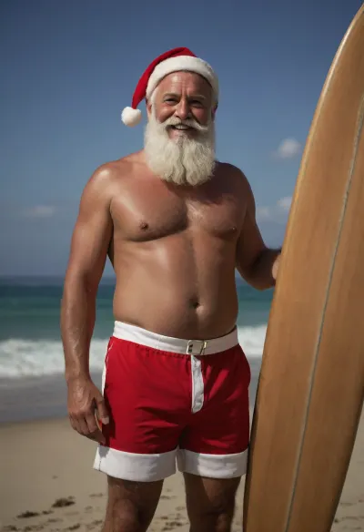 Santa Claus wishes you a happy new year, wearing shorts with no shirt, leans against a wooden surfboard