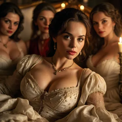 (((Multiple women four women Extreme closeup on faces:1.5))), (((skinny busty:1.5))), 50 year old MILF, (((young madame dimitriescu as French 1770s prostitute))), (((threadbare torn white medieval dress))), makeup, beautiful detailed eyes, depth blur, key visual, vibrant, highly detailed, lying on a bed, (((at night, in the dark))), (((viewed from overhead))), torchlit, <lora:bombshell_v2:1.6>, <lora:MJ52:.1>