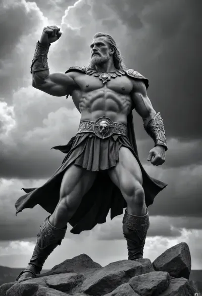 German Mythology Thundergod Donar, b/w, view from side, full body