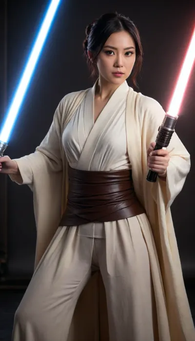 ((female Japanese actress, Jedi Knight, in Jedi Garb, elegant royal Jedi robes)), (((lightsaber, holding lightsaber with both hands, inviting stance, reviling only one nipple))), (jet black hair, bright glowing eyes, gigantic breasts), full body, masterpiece, best quality 4k HDR high resolution realistic photograph, cinematic lighting, high emotional intensity, moody atmosphere, symbolic contrast of light and dark, epic sci-fi fantasy, sharp focus, dramatic, soft lighting, natural light, <lora:Detailed_female_hands-000001:2>
