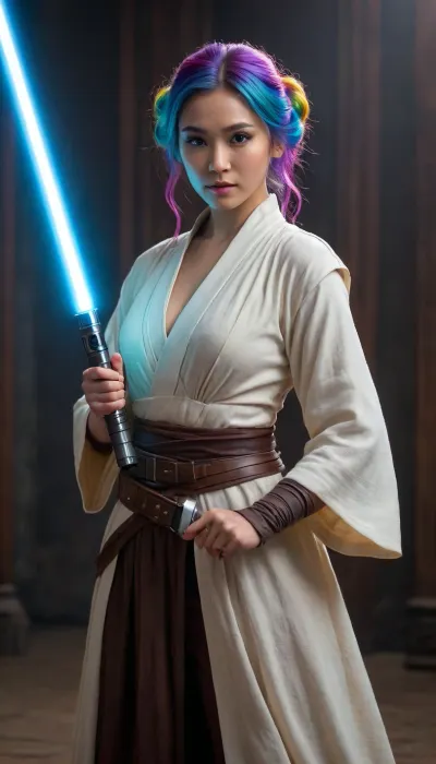 ((female Asian actress, Jedi Knight, in Jedi Garb, elegant royal Jedi robes)), (((lightsaber, holding lightsaber with both hands, inviting stance, reviling only one nipple))), (rainbow hair, bright glowing eyes, gigantic breasts), full body, masterpiece, best quality 4k HDR high resolution realistic photograph, cinematic lighting, high emotional intensity, moody atmosphere, symbolic contrast of light and dark, epic sci-fi fantasy, sharp focus, dramatic, soft lighting, natural light, <lora:Detailed_female_hands-000001:2>
