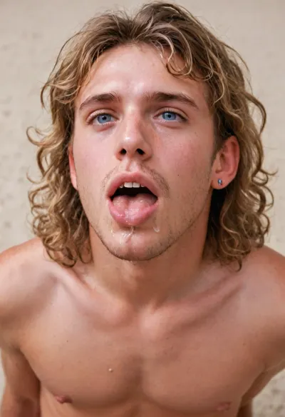 man, kneeling, light blond very long wavy hair, shy, ashamed, 20 year old, thin, naked, surfer, giving deep throat, saliva, spit, wet, drooling, cum, semen
