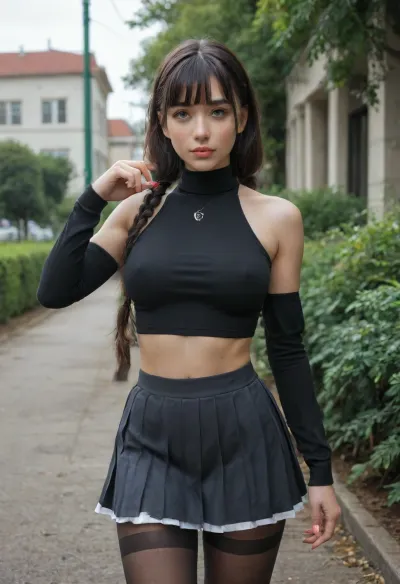 A detailed anime-style illustration of a 30 year old woman with long, straight black hair styled in high twin-tails and blunt bangs. She has a unique appearance with heterochromia, her right eye is a vibrant red, while her left eye features a golden clock-face design. She is dressed in a modern urban outfit consisting of a tight black long-sleeved turtleneck top with a stylish shoulder cutout, tucked into a short, high-waisted white pleated tennis skirt. Her look is completed with sheer black pantyhose that highlight her curvaceous figure. She is posed outdoors with one hand raised toward her hair, standing in front of lush green bushes and a modern white building under soft, natural daylight.