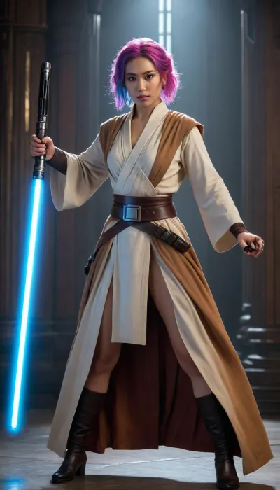 ((female Asian actress, Jedi Knight, in Jedi Garb, elegant royal Jedi robes)), (((lightsaber, holding lightsaber with both hands, inviting stance, reviling only one nipple))), (rainbow hair, bright glowing eyes, gigantic breasts), full body, masterpiece, best quality 4k HDR high resolution realistic photograph, cinematic lighting, high emotional intensity, moody atmosphere, symbolic contrast of light and dark, epic sci-fi fantasy, sharp focus, dramatic, soft lighting, natural light, <lora:Detailed_female_hands-000001:2>