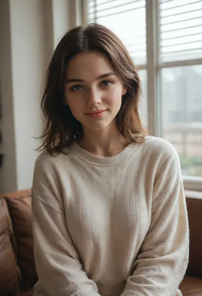 ZipRealism, score_9, score_8_up, score_7_up, (solo 24yo woman in a cozy scene, adult:1.4), (lo-fi esthetic, lofi:1.3), focus on blissful face, relaxed casual pose, soft contented smile, kind eyes, loving eye contact, comfy sweater dress, living room, window, window blinds, dramatic light, striped shadows, dustlight, backscatter, scintilla, godrays, depth of field, bokeh, dynamic angle, layered composition