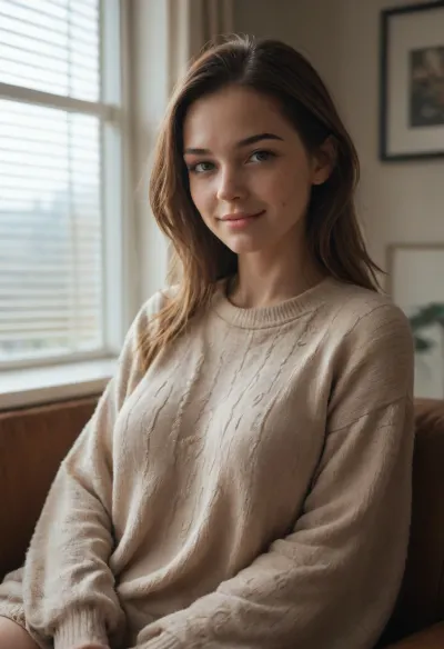ZipRealism, score_9, score_8_up, score_7_up, (solo 24yo woman in a cozy scene, adult:1.4), (lo-fi esthetic, lofi:1.3), focus on blissful face, relaxed casual pose, soft contented smile, kind eyes, loving eye contact, comfy sweater dress, living room, window, window blinds, dramatic light, striped shadows, dustlight, backscatter, scintilla, godrays, depth of field, bokeh, dynamic angle, layered composition, Stable-Yogis-Makeup-Enhancer-XL, ponychar3-RBSYPV3, <lora:ponychar3-0-RBSYPV3:.8>