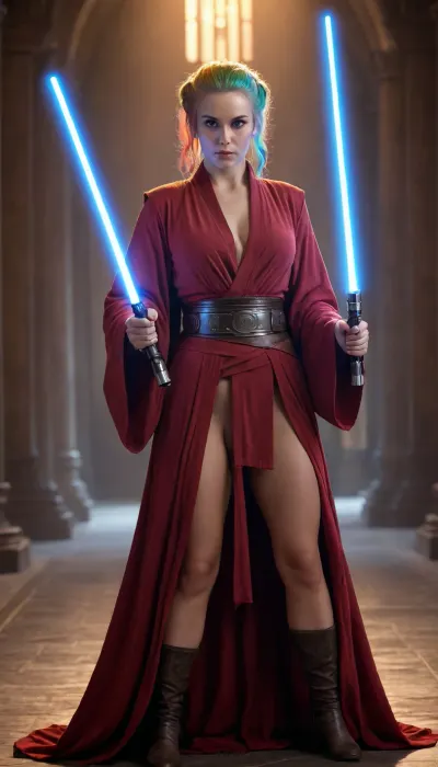 ((female Slavic actress, Jedi Knight, in Jedi Garb, elegant royal Jedi robes)), (((lightsaber, holding lightsaber with both hands, inviting stance, reviling only one nipple))), (rainbow hair, bright glowing eyes, gigantic breasts), full body, masterpiece, best quality 4k HDR high resolution realistic photograph, cinematic lighting, high emotional intensity, moody atmosphere, symbolic contrast of light and dark, epic sci-fi fantasy, sharp focus, dramatic, soft lighting, natural light, <lora:Detailed_female_hands-000001:2>