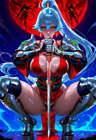 Highly detailed digital anime illustration of a fierce and sexy female samurai warrior named Theia, long flowing light blue hair tied in a high ponytail with golden rings and small green frog ornament on top, sharp confident eyes with slight smirk, massive breasts barely contained by low-cut white wrap top under open green samurai jacket, intricate black and silver armored shoulder pauldrons with demon face design, thick toned thighs and wide hips emphasized in dynamic crouching pose, black thong and rope belt visible, heavy armored greaves and gauntlets with detailed engravings, holding a drawn katana diagonally across body with sharp blade glint, perfect anatomy, voluptuous hourglass figure, glistening skin, powerful action pose, dark blue gradient background, cinematic lighting, ultra-detailed armor and fabrics, vibrant colors, masterpiece, by Sakimichan, Wlop, Ilya Kuvshinov, Ross Tran