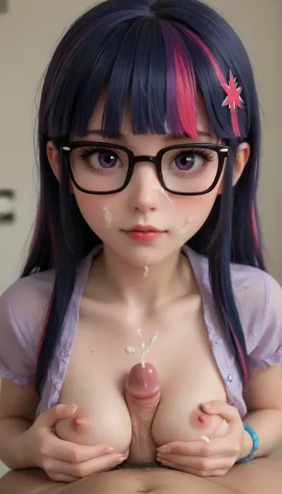 Petite, small, midget, sexy, hot, gorgeous, ((Twilight Sparkle), from Equestria Girls), eyeglasses, naizui, tiny titties, titjob, tiny titty fuck, flat chest, cock between tiny titties, squeezing titties around cock, ejaculation, cumshot, cum on face, cum on titties, POV, <lora:puffy-nipples-v01:.7>, <lora:age_slider-LECO-v1:-2>