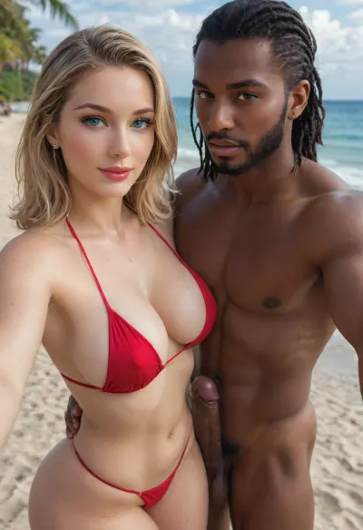 (masterpiece, best quality), explicit interracial couple caressing on the tropical beach. French woman, blonde hair, facing the camera, 40 years old, (beautiful:1.8), (Molly Carlson), (curvy:1.7), ((fertile goddess)), wide hips, big bubble butt, thick thighs, dressed in a red string bikini, covered breasts, protruding nipples, (small, natural, teardrop breasts), arm outstretched taking the selfie, perfect heavy makeup, red lipstick, seductive eyes, wry smile, looking at the viewer, closed lips, sexy head-tilt, S-curve model pose, (Detailed_female_hands-000001:.8), perfect detailed hands, wedding ring, (((embraced from behind))), his hands are caressing her body, 1man, (((male model face))), black African, black skin, swimwear, naked torso, muscular, athletic, bulging brutish muscles, holding her hips, (caressing:1.6), big cock . Beach, sea, sand, sunny sky, hot midday setting, energetic tone, (Sexy-selfie:1.2), close-up, perpendicular side view, sunlight lit from the front, sunlight reflecting off skin, captured with a Leica M10, Leica Summilux 50mm f/1.4 lens, sharp focus, best shadow, score_9, score_8_up, 8K, UHD, clear image, extremely sharp, extremely detailed, extremely intricate detail, high res, ultra-high-definition, highly detailed, ultra-sharp textures, finely detailed, perfect skin texture, hyperrealistic lighting, professional photography, full dynamic range, deep contrast, high clarity, realistic depth of field, HDR, perfect exposure, smooth gradients, volumetric lighting, natural reflections, ultra-fine details, realistic skin pores, individual hair strands, bokeh, soft shadows, color-graded, dvr-shrp, sexy ass, small, shadow, minimalism, <lora:attractive_notrigger:1.5>, <lora:WildcardX-XL-Detail-Enhancer:1.5>, <lora:EnvyShadowMinimalismXL01:1.5>, <lora:EnvyThiccXL02:1.5>, <lora:NSFW_Reality_Engine_XL05:1.5>
