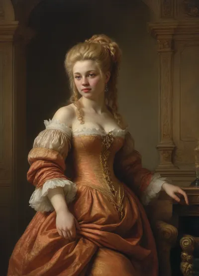 17th century, chubby, blonde woman, (nude), big breasts, (Yurlyu-berlyu hairstyle:1.5), (Rembrandt style:1.9), style, of, patten, Rococo, <lora:tbh356-sdxl:.8>