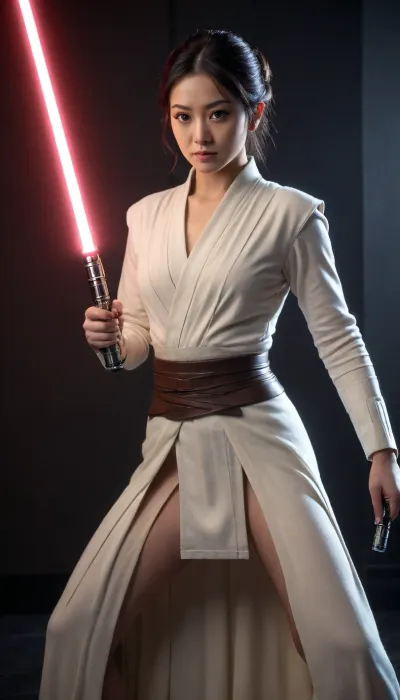 ((female Japanese actress, Jedi Knight, in Jedi Garb, elegant royal Jedi robes)), (((lightsaber, holding lightsaber with both hands, inviting stance, reviling only one nipple))), (midnight black hair, bright glowing eyes, gigantic breasts), full body, masterpiece, best quality 4k HDR high resolution realistic photograph, cinematic lighting, high emotional intensity, moody atmosphere, symbolic contrast of light and dark, epic sci-fi fantasy, sharp focus, dramatic, soft lighting, natural light, <lora:Detailed_female_hands-000001:2>