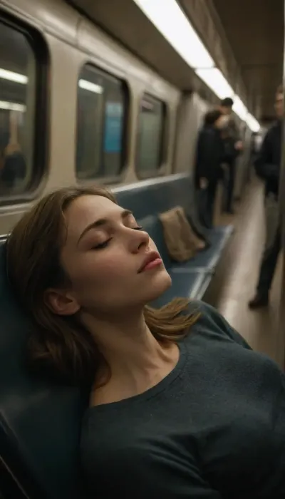 Pretty very tall bery skinny woman sleeping in subway, facial cumshot, cum on lips