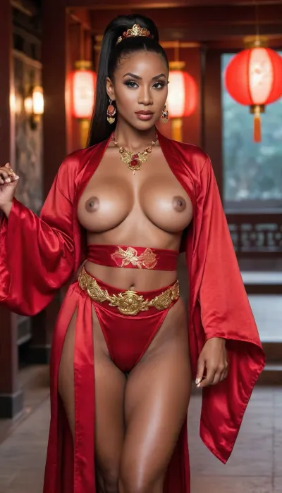 muscular goddess, black milf, happy smirk, intense glowing red eyes, heavy makeup, loose open silk robe, loose sleeves, elegant costume, symmetrical hip skin, small silk sash draped over waist, dragon buckle, large earrings, holding radiant crystal ball of dragonflame, high fantasy, very dark lightning, inside Chinese imperial temple, night time, cartoon, epic, enhanced, close up, legs, strong athlete, big hips, celebration, dreamlike, high and tight pony tail hair style, long straight hair, large intricate ruby necklace, symmetrical eyes, big ass