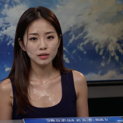 (25 year old Asian Japanese:1.2), Japanese news anchor standing at the news desk of a tv channel, (full upper body in picture), (photo taken from a distance), (whitish transparent liquid, realistic cum), (she has huge amounts of cum on her face:1.4), (live on air presenting the weather forecast:1.2), she is looking straight into the camera, fully clothed, cfnm, huge amounts of cum on her face, cum in her mouth, cum dripping from her chin, freeuse, facialized, superfacialized, <lora:facialized:1.2>
