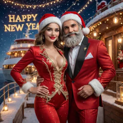 Santa Claus in an impeccable and detailed suit, accompanied by a woman in a Santa hat at a nighttime party on a yacht., (Gold lettering reads "Happy New Year"), 1.6, ., (Detailed suit, faces and facial details, lettering details, well-written, detailed, face details, suit details, dramatic lighting, well-drawn hands, ultra-detailed.uhd:1.5), <lora:Rendered Face Detailer FLUX:.8>, <lora:Real_Faceji:.9>, ral-santa, Santa Claus and woman on the yacht, detailed texture, ultra-realistic, festive atmosphere, happy new year, <lora:ral-santa-sdxl:1.3>, <lora:Happy_New_Year:1.1>