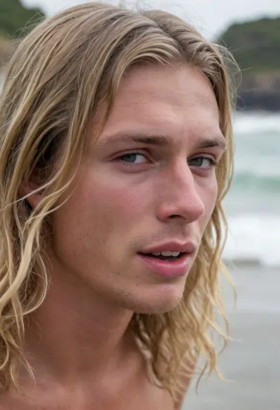 man, crying, 20 year old, thin, long wavy blond hair, surfer, giving a blowjob