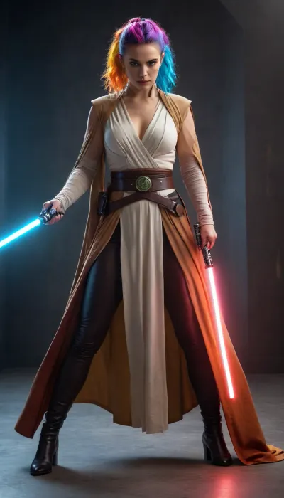 ((woman, Jedi Knight, in Jedi Garb, elegant royal Jedi robes)), (((lightsaber, holding lightsaber with both hands, fighting stance))), (rainbow hair, golden eyes, huge breasts), full body, masterpiece, best quality 4k HDR high resolution realistic photograph, cinematic lighting, high emotional intensity, moody atmosphere, symbolic contrast of light and dark, epic sci-fi fantasy, sharp focus, dramatic, soft lighting, natural light, <lora:Detailed_female_hands-000001:2>