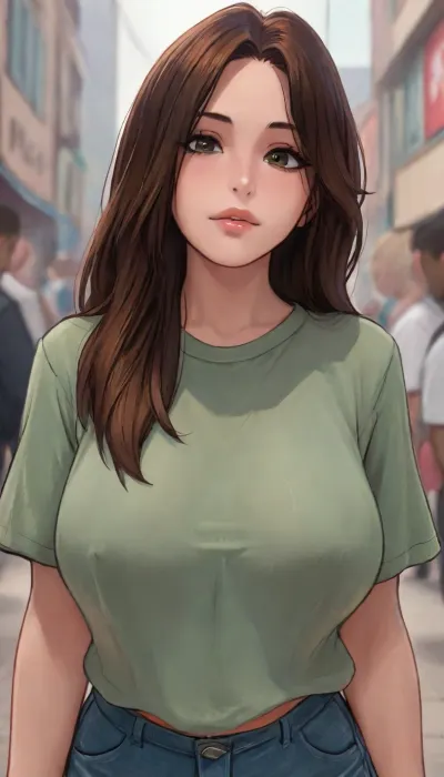 ((Melkor mancin style)), reiq mix markgavatino style, masterpiece, 1girl, at street, (((natural real body)), , , a little overweight:1), (detailed sunlight), orange to ginger hair, long hair, mid parted hair, (brown skin:1.5), (wearing green tight shirt top), and small blue denin shorts, (very big breasts), Score_up 9, ratatatat74, artist, utsuhostoria, <lora:LCMTurboMix_Euler_A_fix:.6>, <lora:ratatatat74-000050:1.1>, <lora:Dogan_Style:1.6>, <lora:utsuhostoria_v1_e24_r64:1.6>, <lora:sola7764XL_V1:1.8>